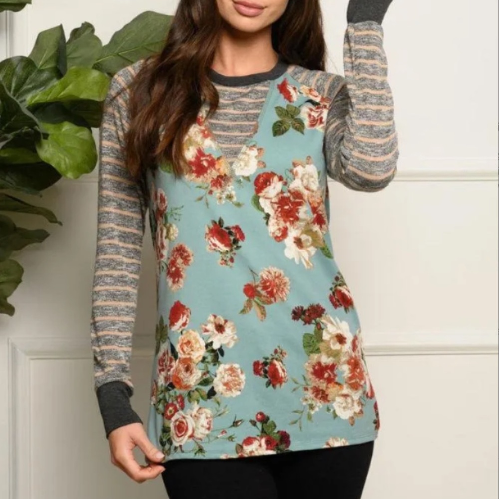 PACK OF 3 NEW Buttery Soft Boho Floral Long Sleeve Women's Shirt Stripes Knit